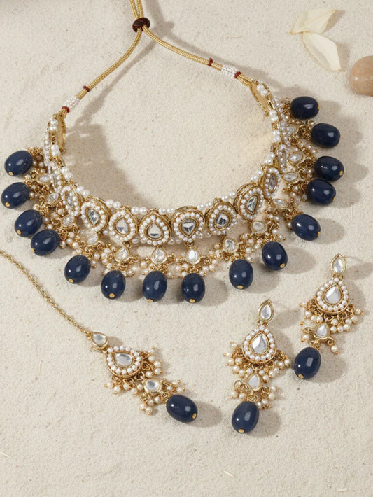 Gold Plated Blue Tumble Choker Necklace Set for Women
