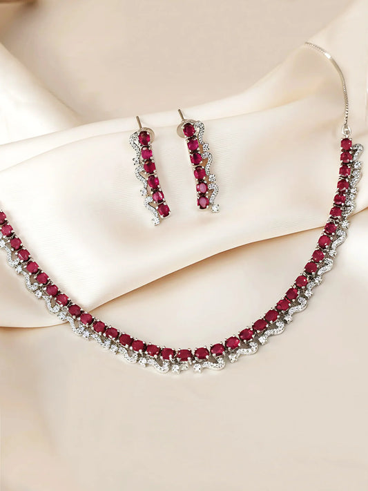 Elegant Red American Diamond Silver-Plated Premium Jewellery Set for Women