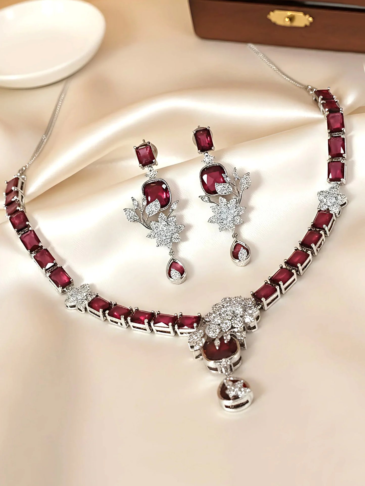 Dazzling Red American Diamond Silver Tone Floral Jewellery Set for Women