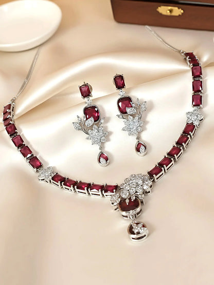 Dazzling Red American Diamond Silver Tone Floral Jewellery Set for Women