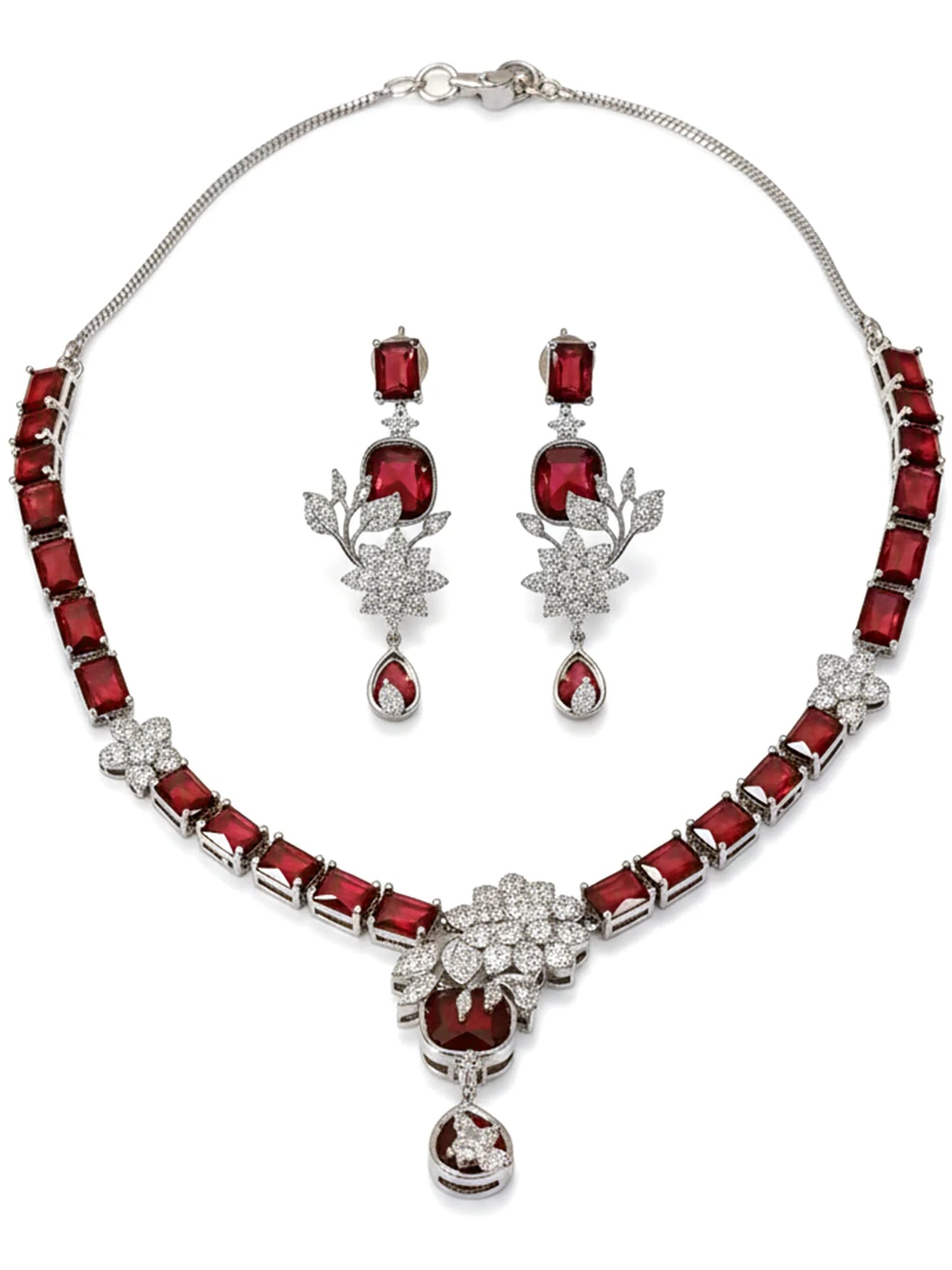Dazzling Red American Diamond Silver Tone Floral Jewellery Set for Women