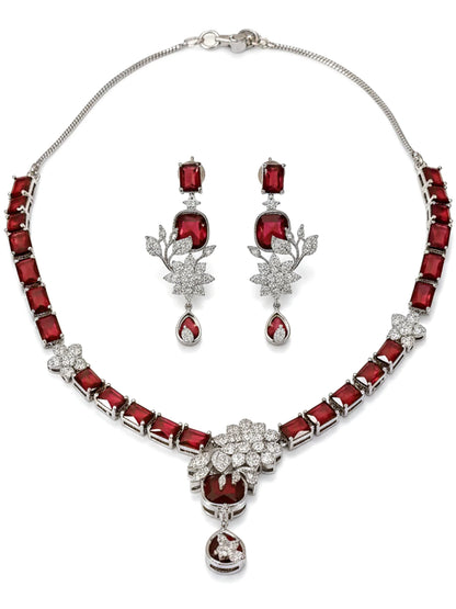 Dazzling Red American Diamond Silver Tone Floral Jewellery Set for Women