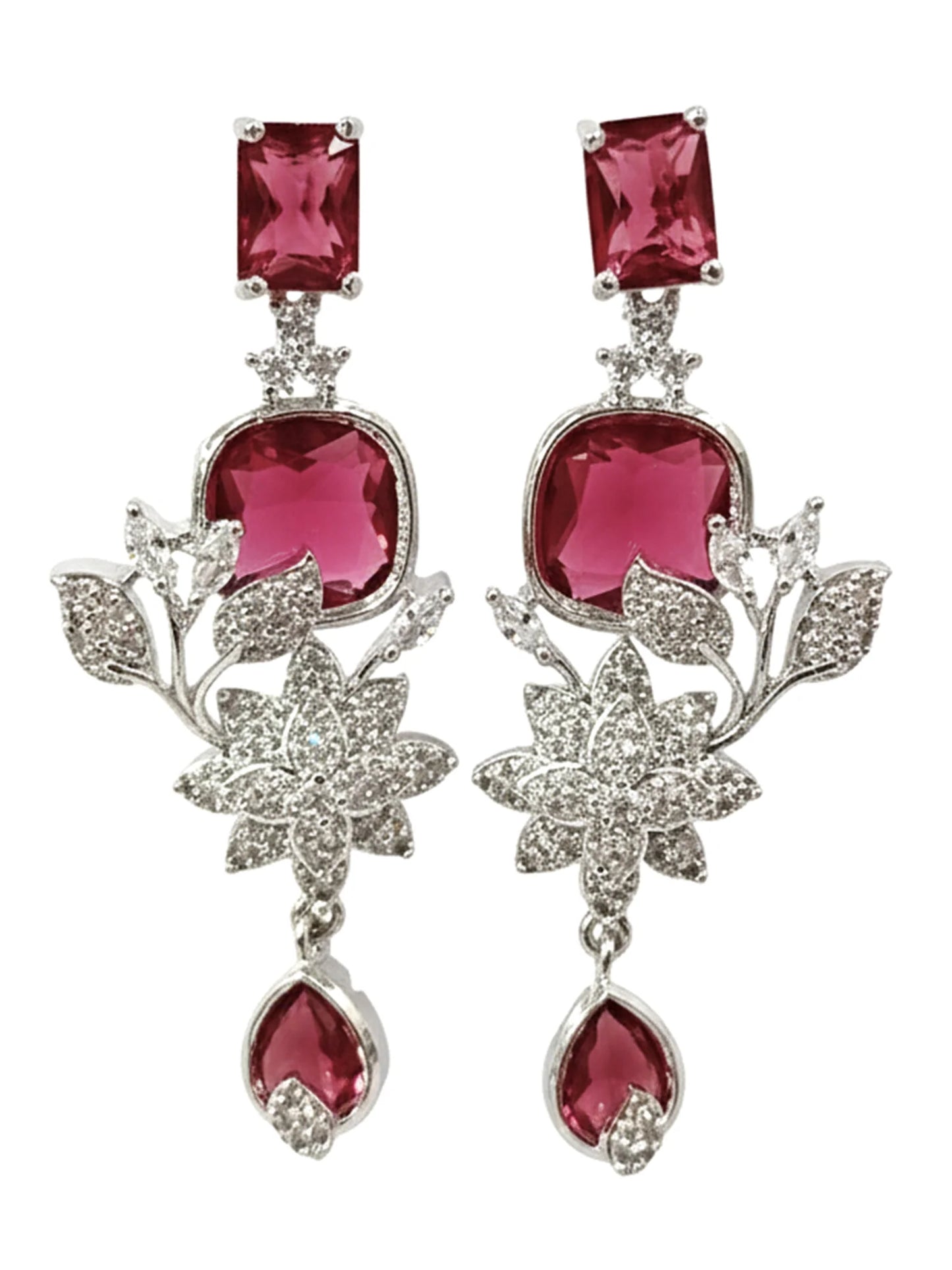 Dazzling Red American Diamond Silver Tone Floral Jewellery Set for Women