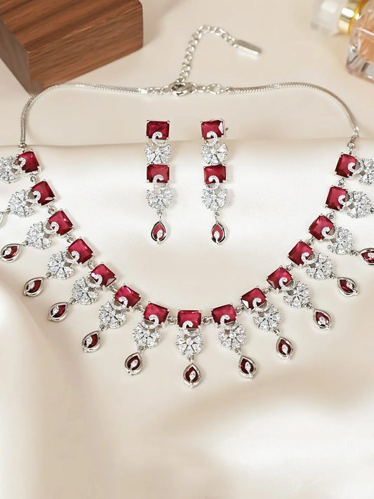 Elegant Ruby Red American Diamond Silver Plated Jewellery Set for Women