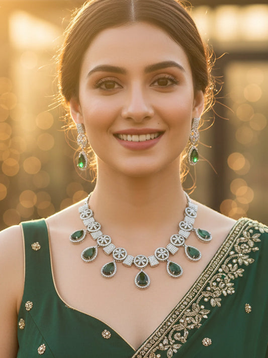 Luxury Silver Plated Green Teardrop American Diamond Classic Jewellery Set for Women-ZEVER