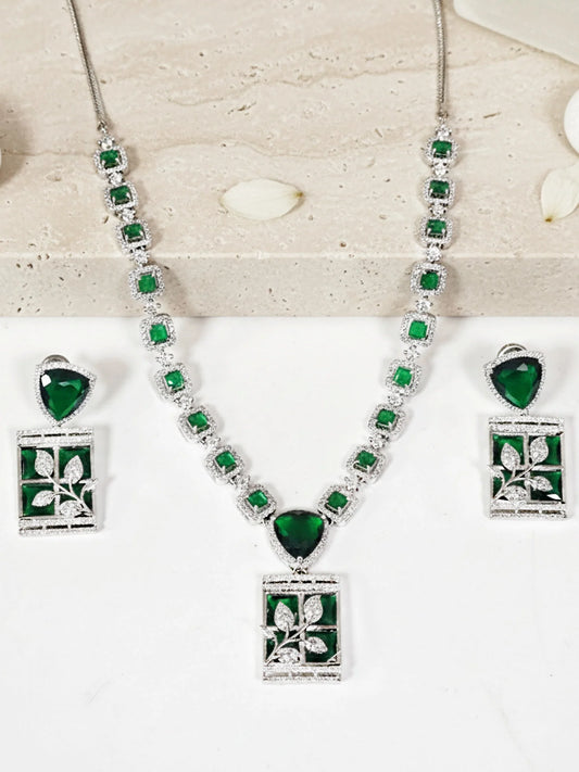 Designer Green Leaf American Diamond Classic Jewellery Set for Women