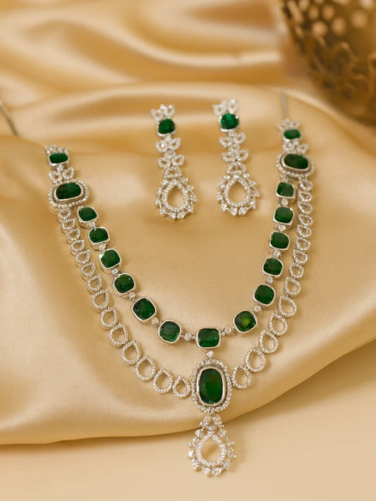 Elegant Green American Diamond Dual-Layer Silver-Plated Jewellery Set for Women