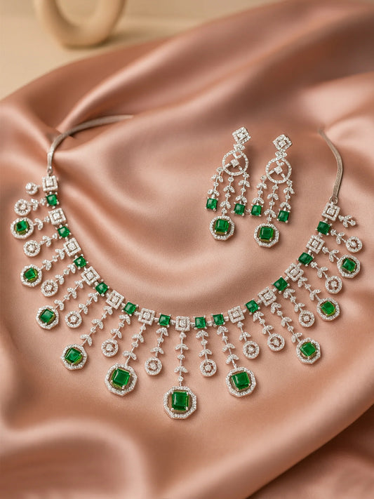 Designer Green American Diamond Classic Silver-Tone Jewellery Set for Women