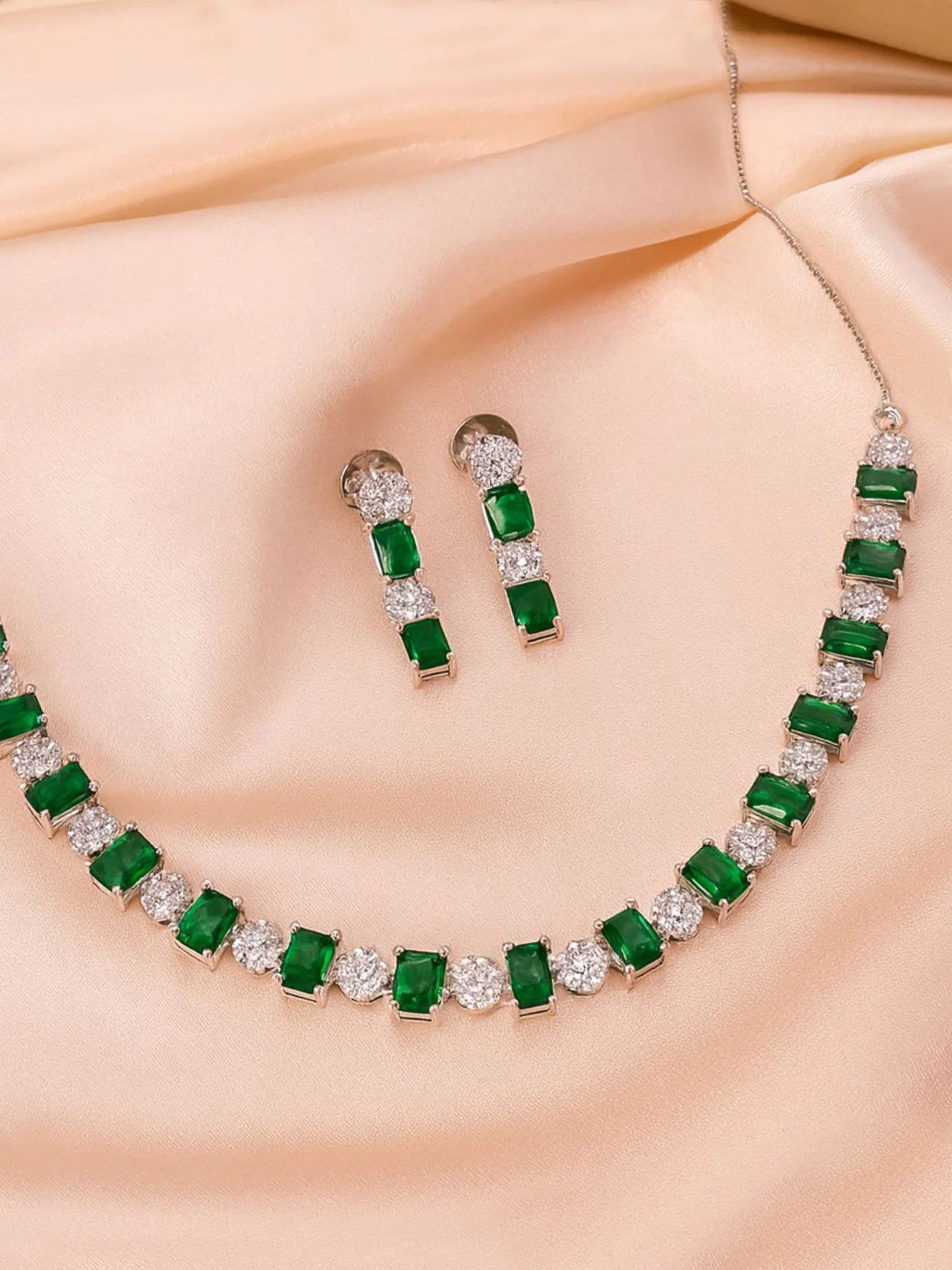 Silver-Plated Green American Diamond Delicate Necklace Set for Women
