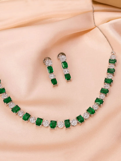 Silver-Plated Green American Diamond Delicate Necklace Set for Women