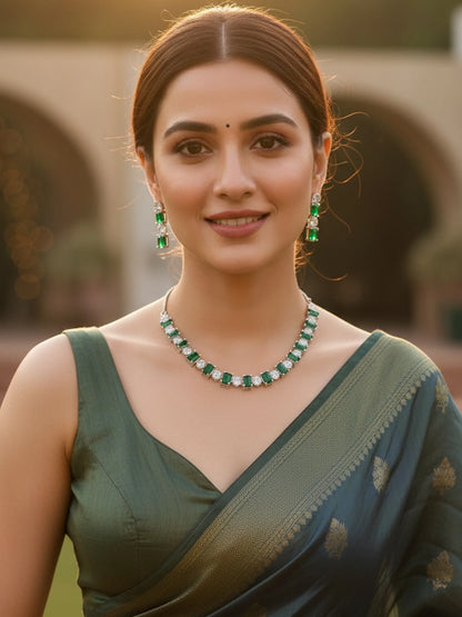 Silver-Plated Green American Diamond Delicate Necklace Set for Women