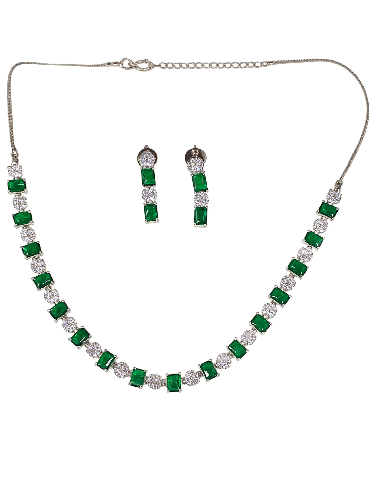 Silver-Plated Green American Diamond Delicate Necklace Set for Women
