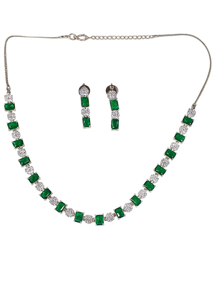 Silver-Plated Green American Diamond Delicate Necklace Set for Women