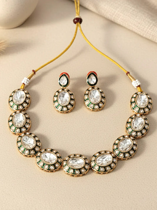 Stunning Oval-Shaped Green Meenakari Gold-Plated Ethnic Jewellery Set for Women