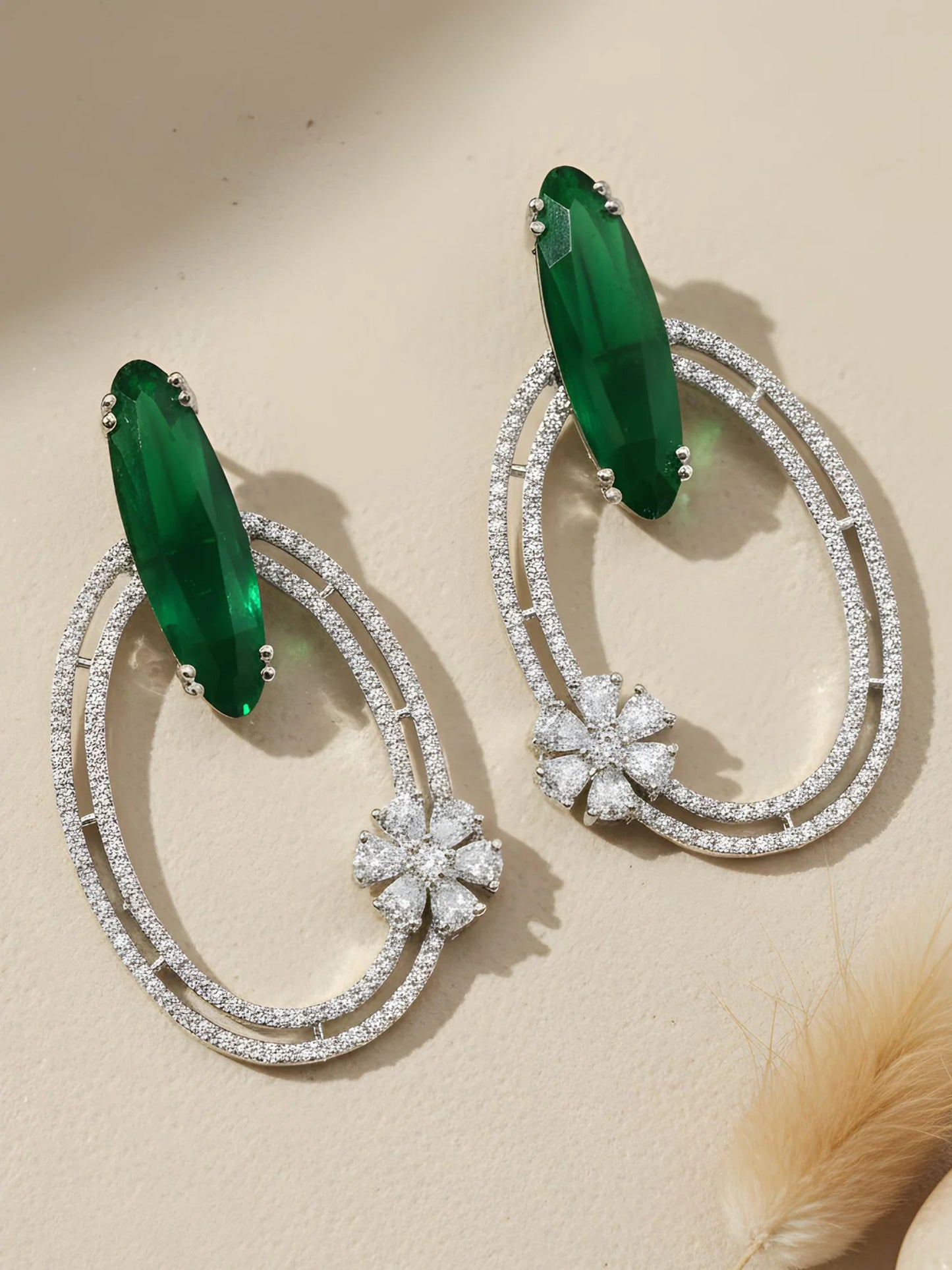 Trendy Oval Loop Green American Diamond Silver-Plated Drop Earrings for Women