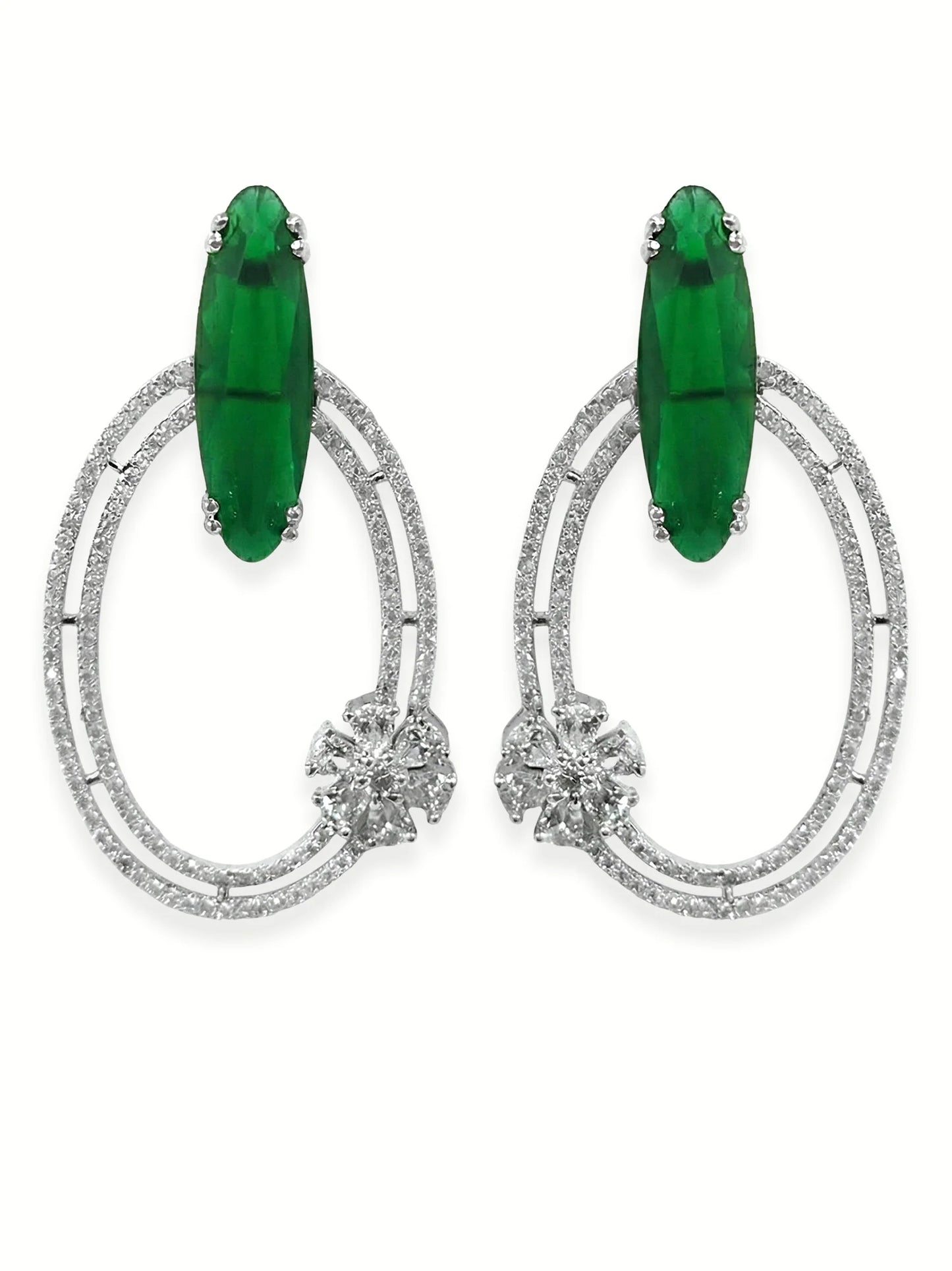 Trendy Oval Loop Green American Diamond Silver-Plated Drop Earrings for Women