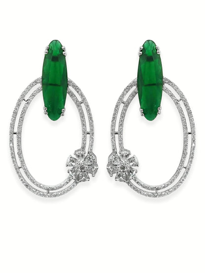 Trendy Oval Loop Green American Diamond Silver-Plated Drop Earrings for Women