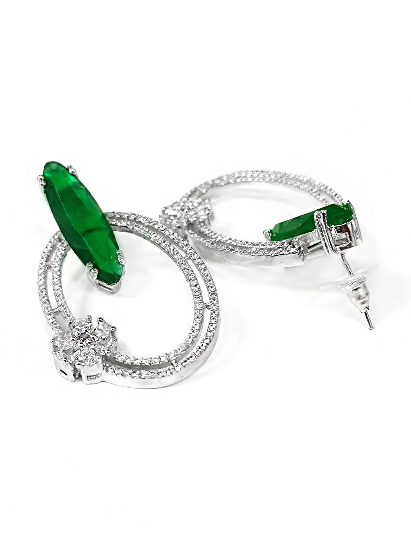 Trendy Oval Loop Green American Diamond Silver-Plated Drop Earrings for Women