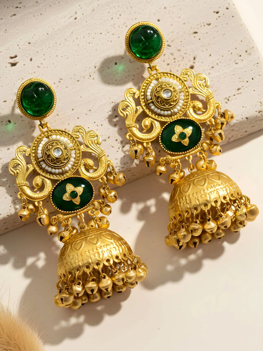 Designer Temple Design Green Stone Gold-Plated Jhumka Earrings for Women