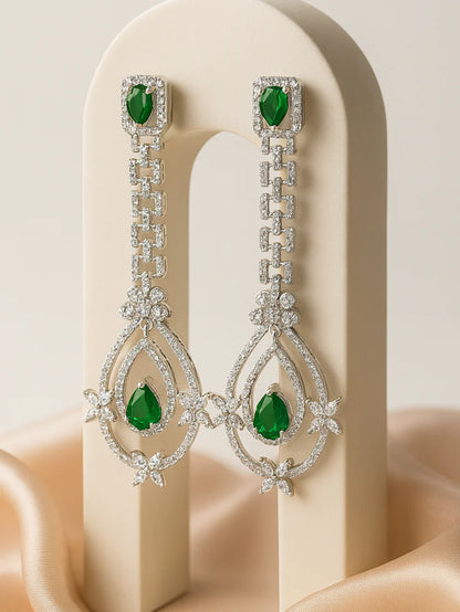 Premium & Classy Green American Diamond Silver-Plated Drop Earrings for Women