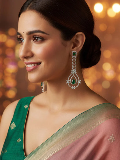 Premium & Classy Green American Diamond Silver-Plated Drop Earrings for Women