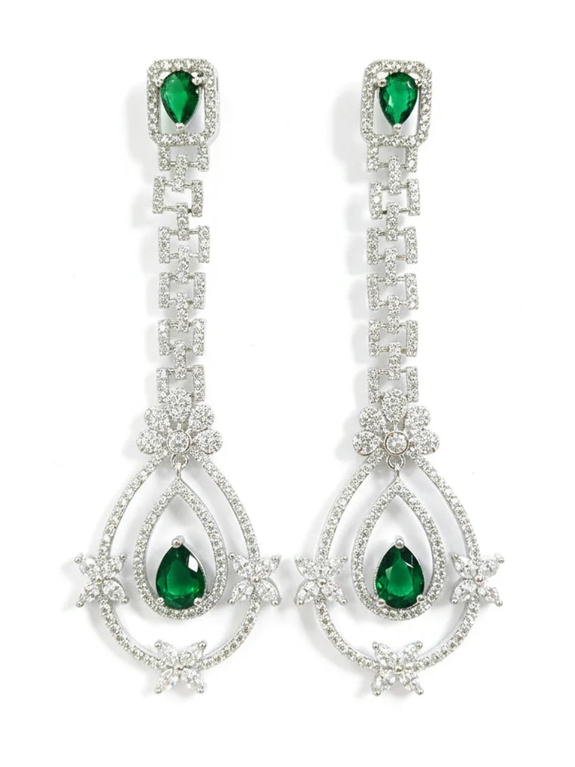 Premium & Classy Green American Diamond Silver-Plated Drop Earrings for Women