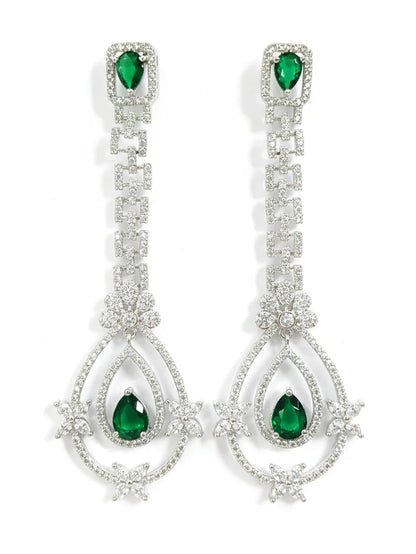 Premium & Classy Green American Diamond Silver-Plated Drop Earrings for Women