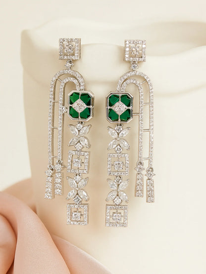 Royal Green American Diamond Silver-Plated Drop Earrings for Women