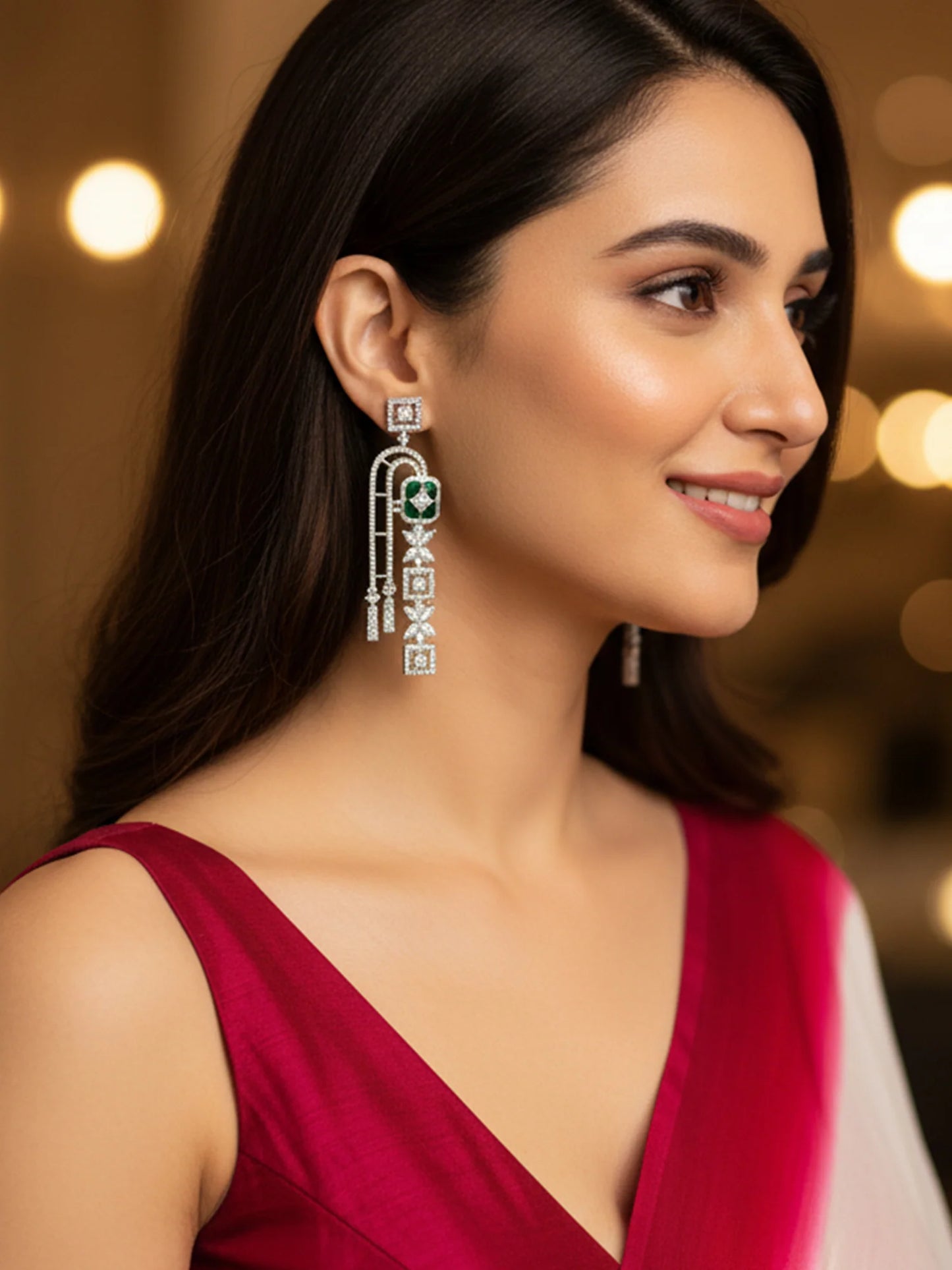 Royal Green American Diamond Silver-Plated Drop Earrings for Women