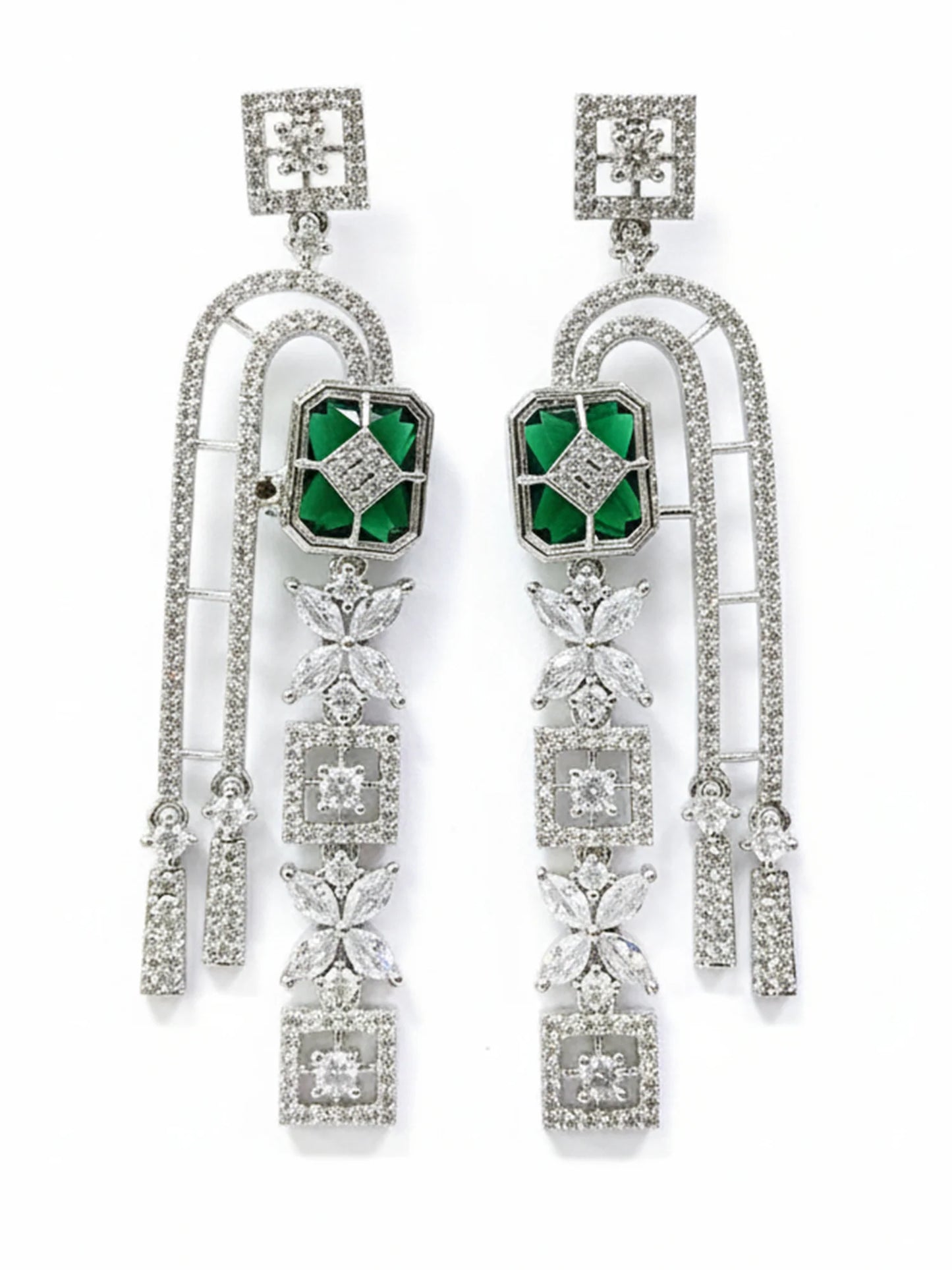 Royal Green American Diamond Silver-Plated Drop Earrings for Women