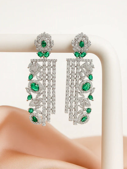 Trendy Green American Diamond Silver-Plated Drop Earrings for Women