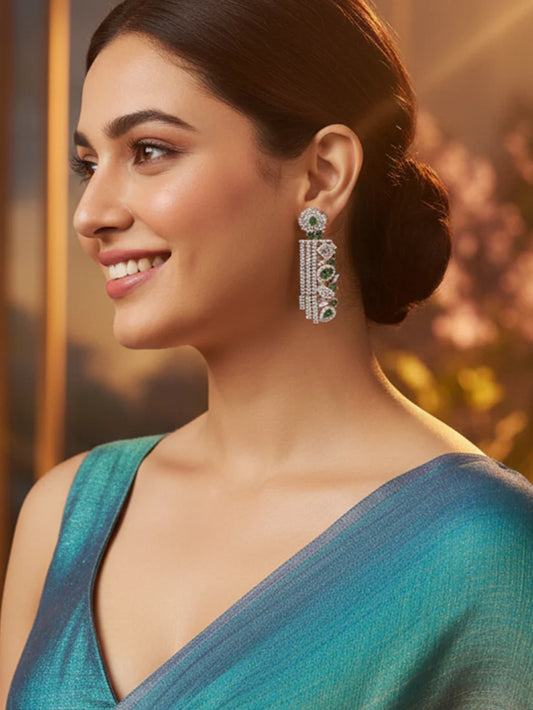 Trendy Green American Diamond Silver-Plated Drop Earrings for Women