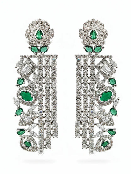 Trendy Green American Diamond Silver-Plated Drop Earrings for Women