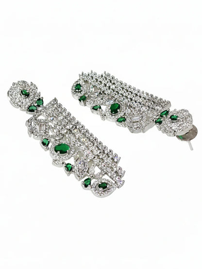 Trendy Green American Diamond Silver-Plated Drop Earrings for Women
