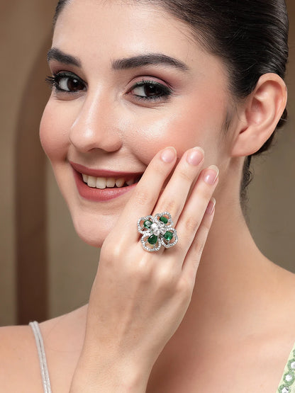 Luxury & Aesthetic green Floral Design Adjustable Finger Ring