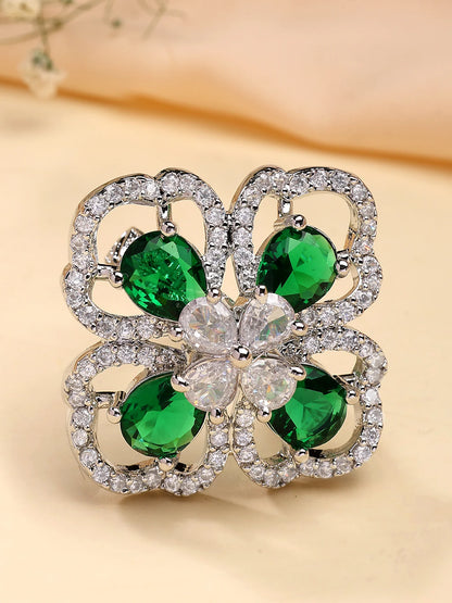 Luxury & Aesthetic green Floral Design Adjustable Finger Ring