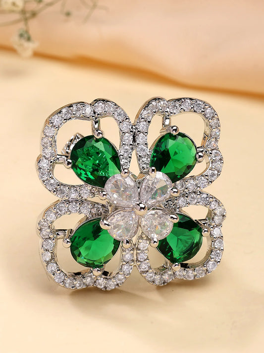 Luxury & Aesthetic green Floral Design Adjustable Finger Ring