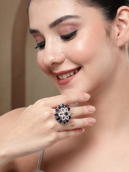 Luxury & Aesthetic  Blue Floral Design Adjustable Finger Ring