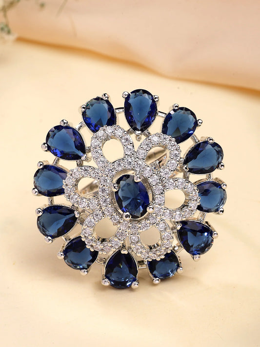 Luxury & Aesthetic  Blue Floral Design Adjustable Finger Ring