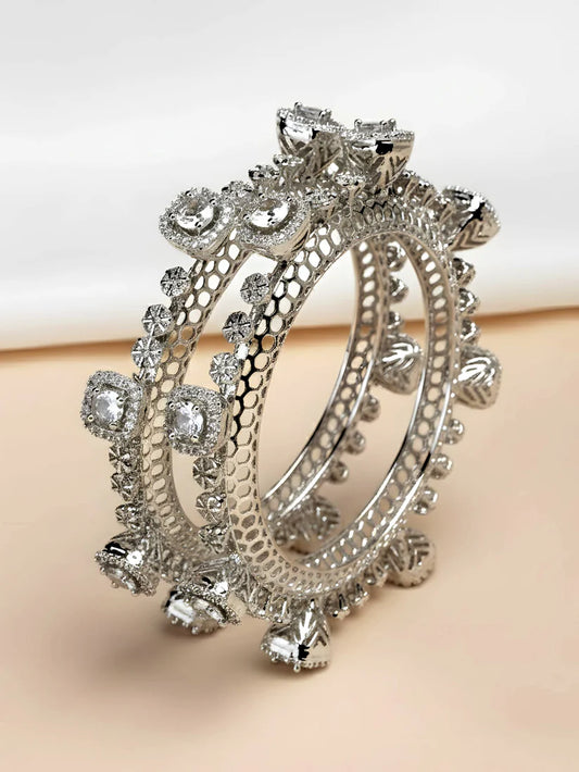 Rhodium-Plated Teardrop Cubic Zirconia Studded Handcrafted Premium Bangles for Women
