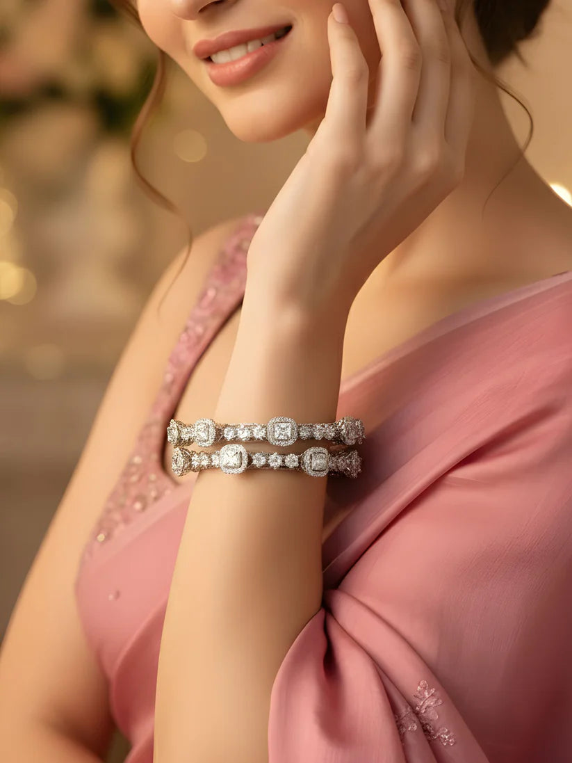 Rhodium-Plated Teardrop Cubic Zirconia Studded Handcrafted Premium Bangles for Women