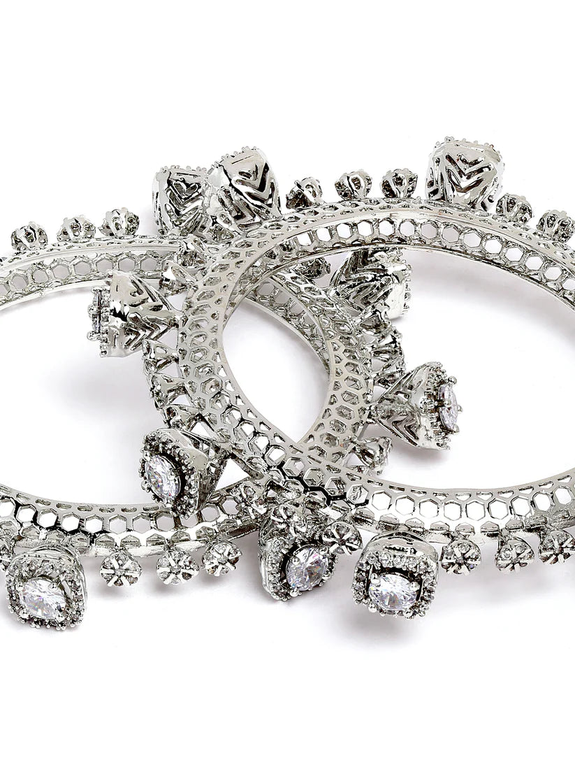 Rhodium-Plated Teardrop Cubic Zirconia Studded Handcrafted Premium Bangles for Women