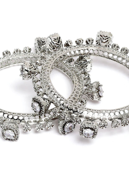 Rhodium-Plated Teardrop Cubic Zirconia Studded Handcrafted Premium Bangles for Women