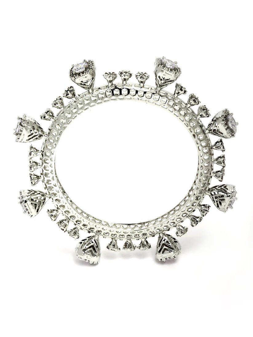 Rhodium-Plated Teardrop Cubic Zirconia Studded Handcrafted Premium Bangles for Women