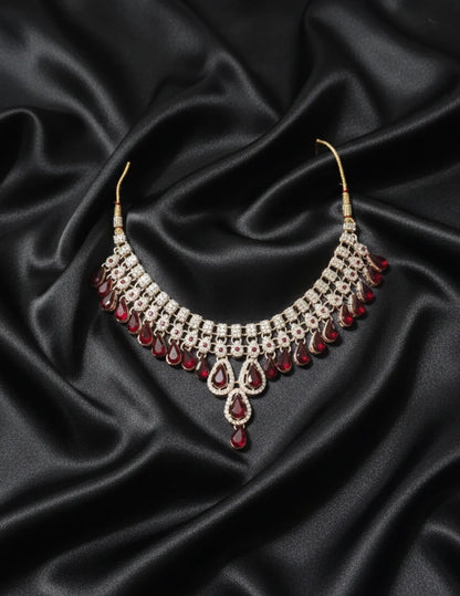 Trendy American Diamond Gold Plated Jewellery Set Red zercon