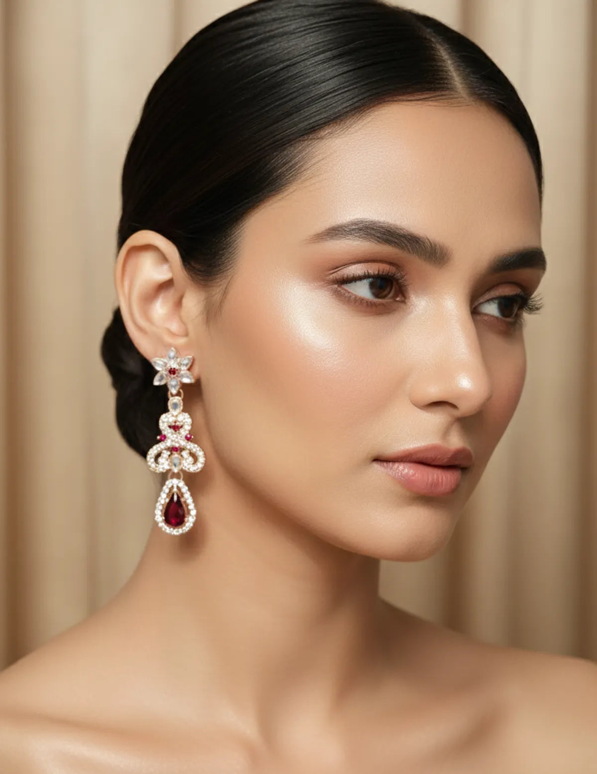 Trendy American Diamond Gold Plated Jewellery Set Red zercon