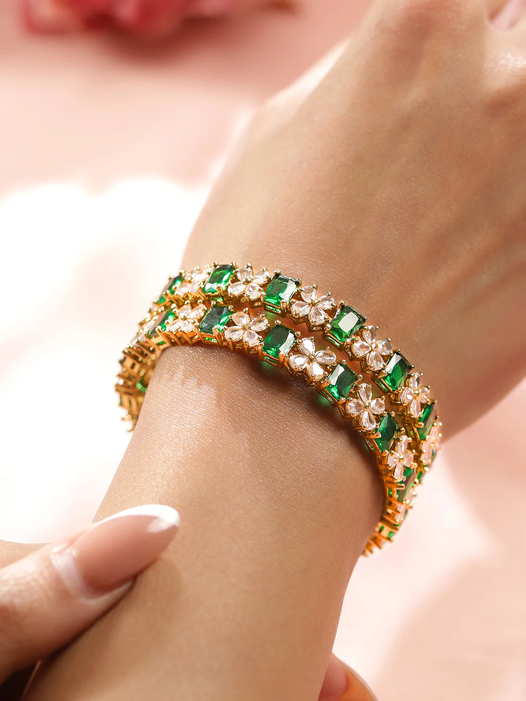 Royal Trinket Rose Gold-Plated Bangles Green Stone