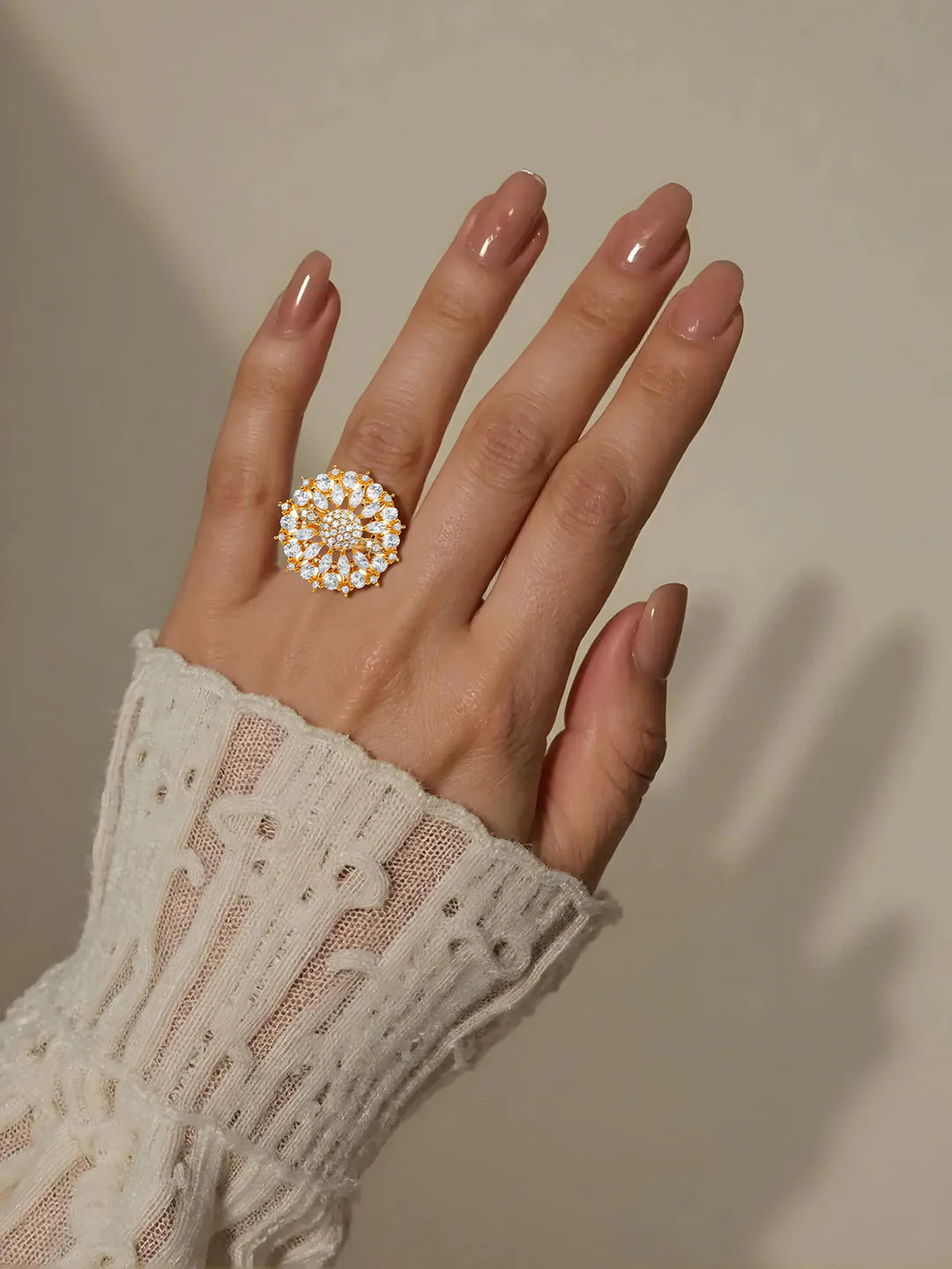 Beautiful Gold-Plated Zirconia Floral Design Adjustable Finger Ring