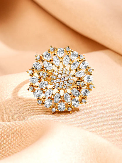 Beautiful Gold-Plated Zirconia Floral Design Adjustable Finger Ring