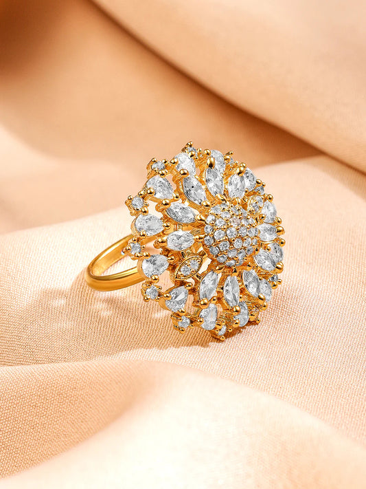 Beautiful Gold-Plated Zirconia Floral Design Adjustable Finger Ring